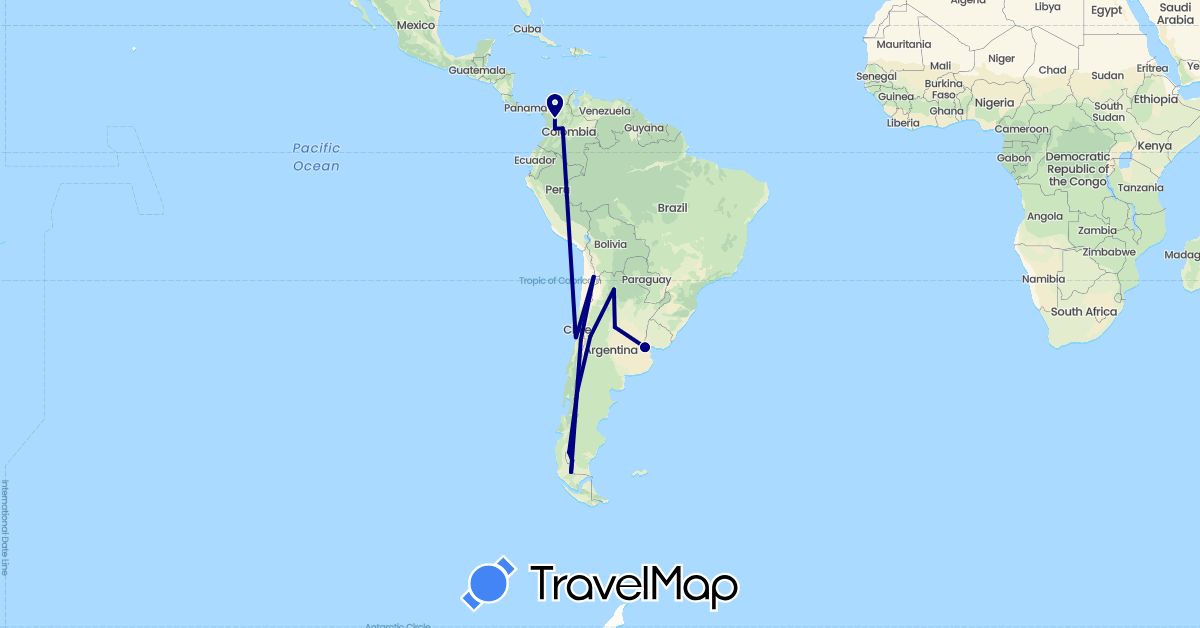 TravelMap itinerary: driving in Argentina, Chile, Colombia (South America)